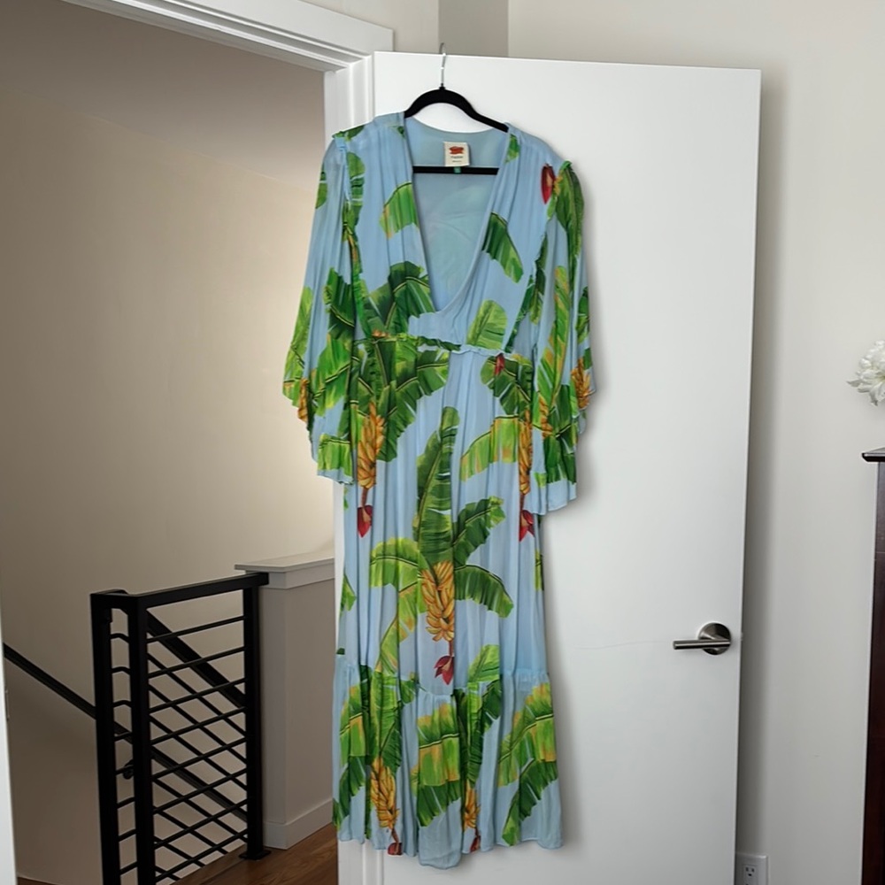 FARM Rio Blue and Green Plunge Neck Sundress